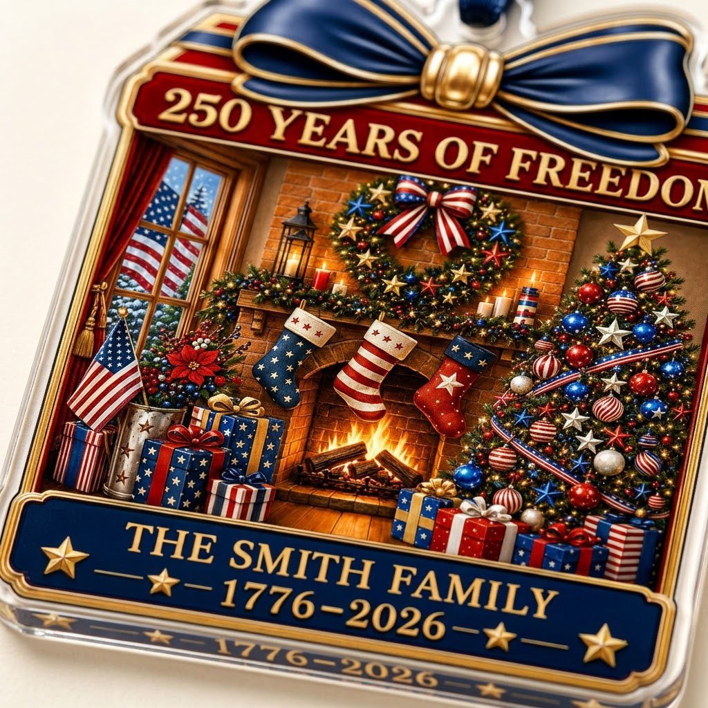 Personalized America 250th Christmas Fireplace Acrylic Ornament
