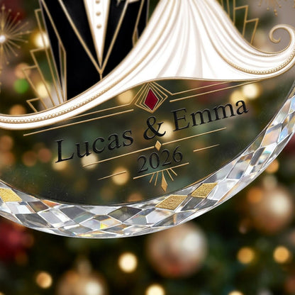 Personalized First Christmas as Mr & Mrs Art Deco Tuxedo Gown Round Glass Ornament