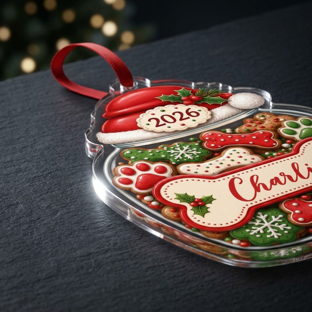 Custom-cut acrylic ornament shaped like a cookie jar with Santa hat, dog bone name plaque, and 2026 year badge.
