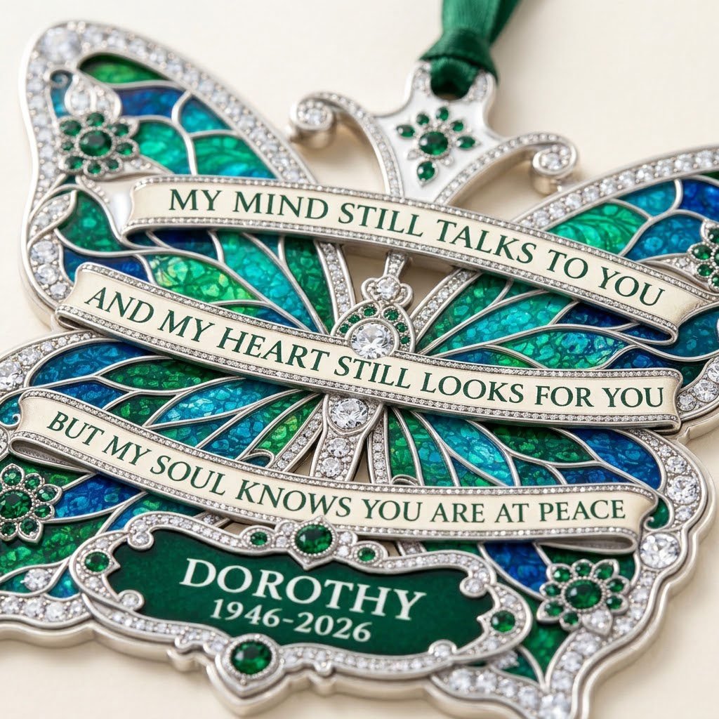Personalized Emerald Jeweled Butterfly Memorial Acrylic Ornament