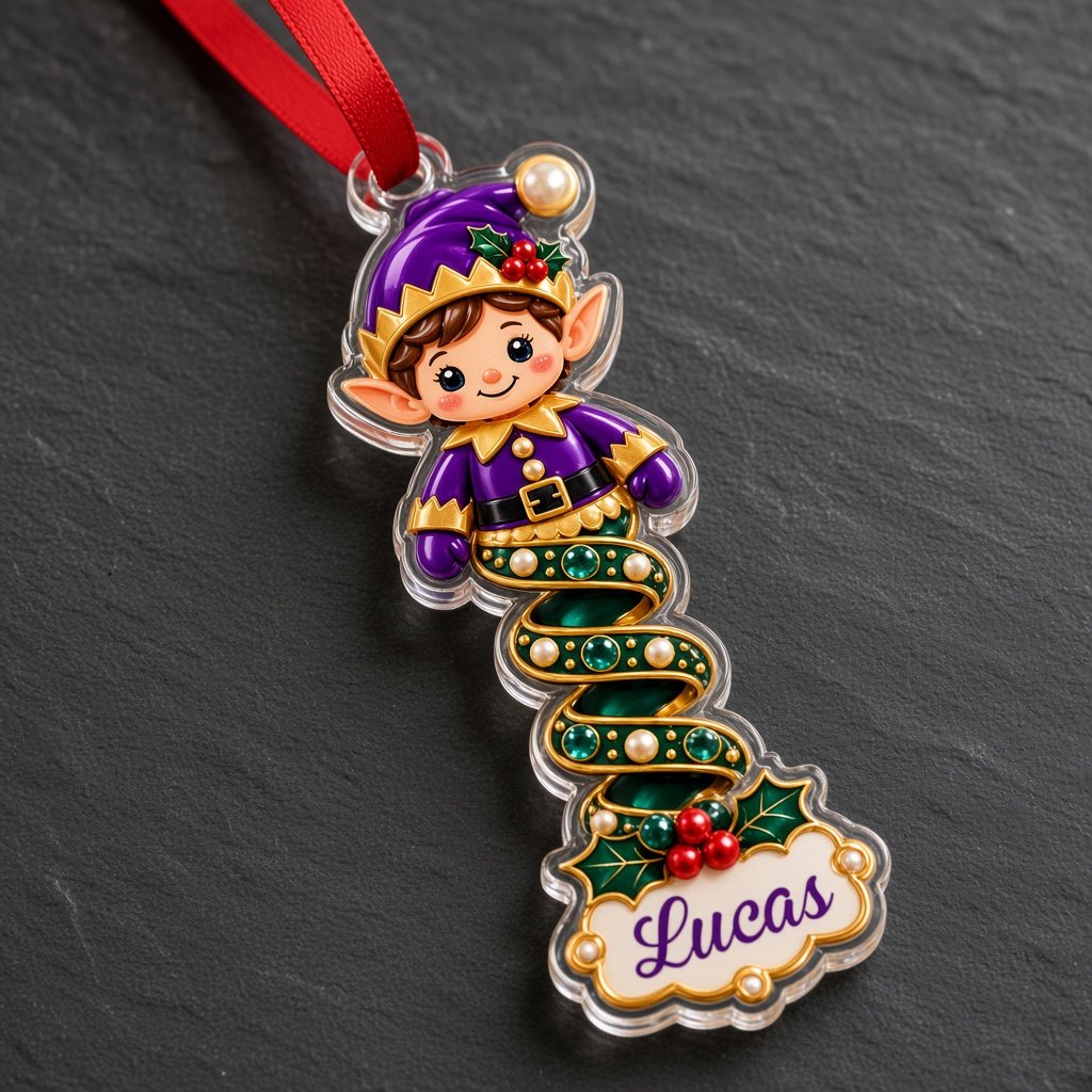 Clear acrylic ornament with a cartoon elf or Mrs. Claus, spiral ribbon body, holly, and a white name scroll.