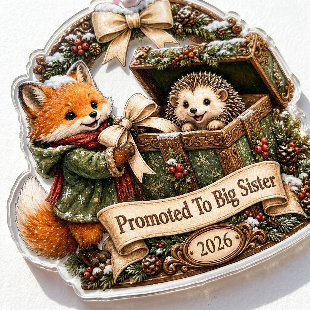 Custom-cut acrylic ornament: fox in jacket, hedgehog in box, pine arch and Promoted To Big Sister banner.