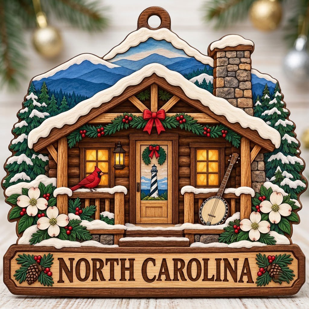 Log cabin ornament with NORTH CAROLINA banner, red cardinal, banjo, dogwood flowers, pine trees, and blue mountains.