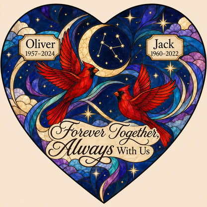 Heart stained glass suncatcher with two red cardinals, crescent moon, stars, clouds, and memorial name banners.