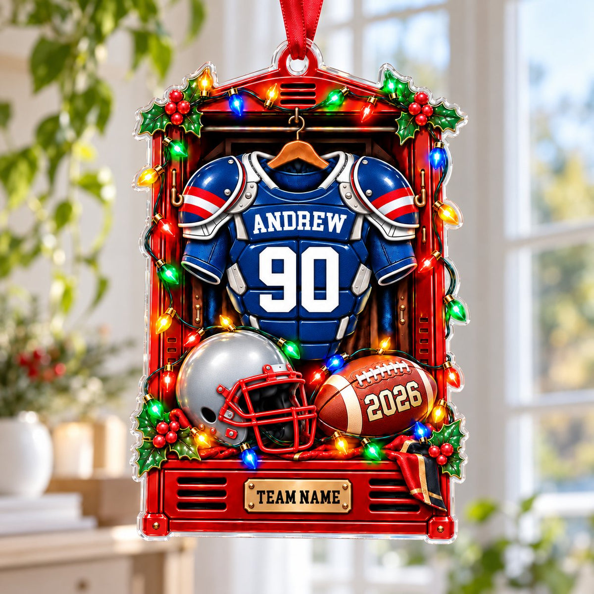 Acrylic ornament shaped like a football locker with jersey, helmet, football, lights and holly, personalized for a playe