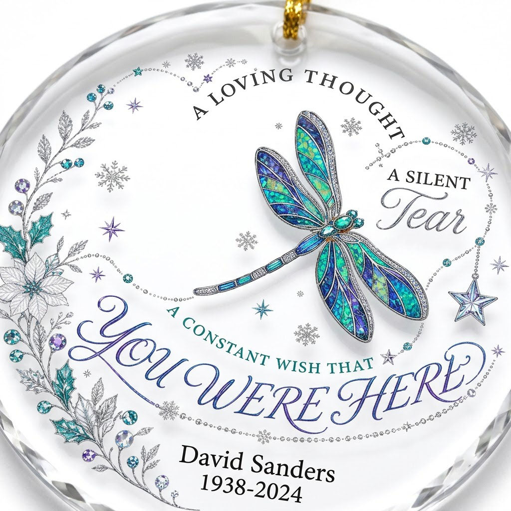 Personalized Dragonfly Memorial You Were Here Round Glass Ornament