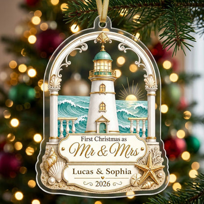 Personalized Coastal Lighthouse First Christmas as Mr & Mrs Acrylic Ornament, Custom Beach Wedding Keepsake