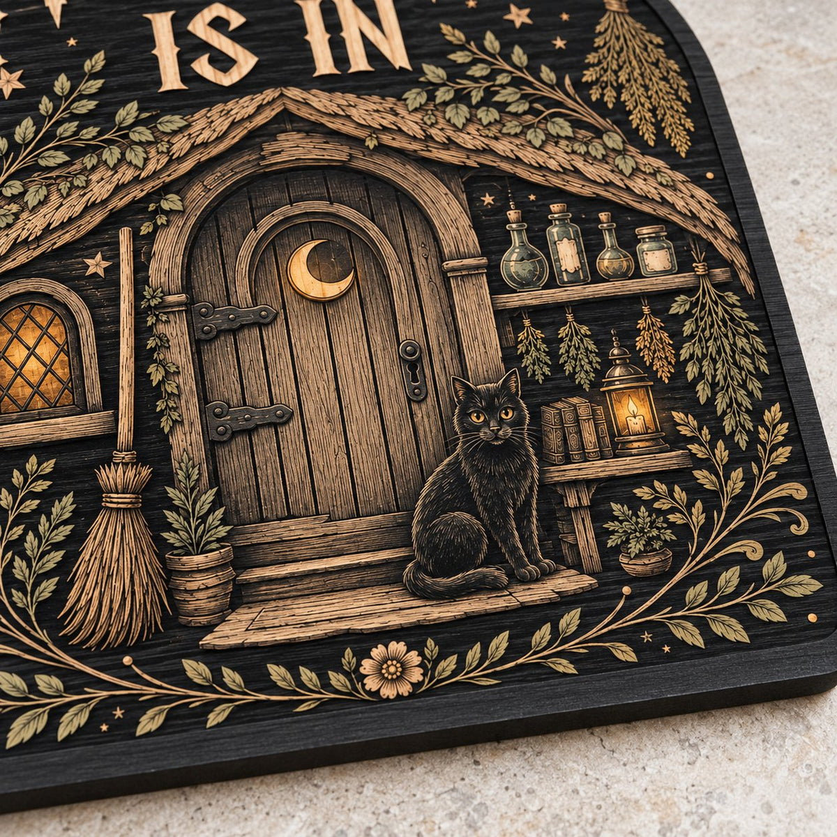 Arch wood sign with "THE WITCH IS IN", witch cottage, black cat, broom, herbs and lantern details.