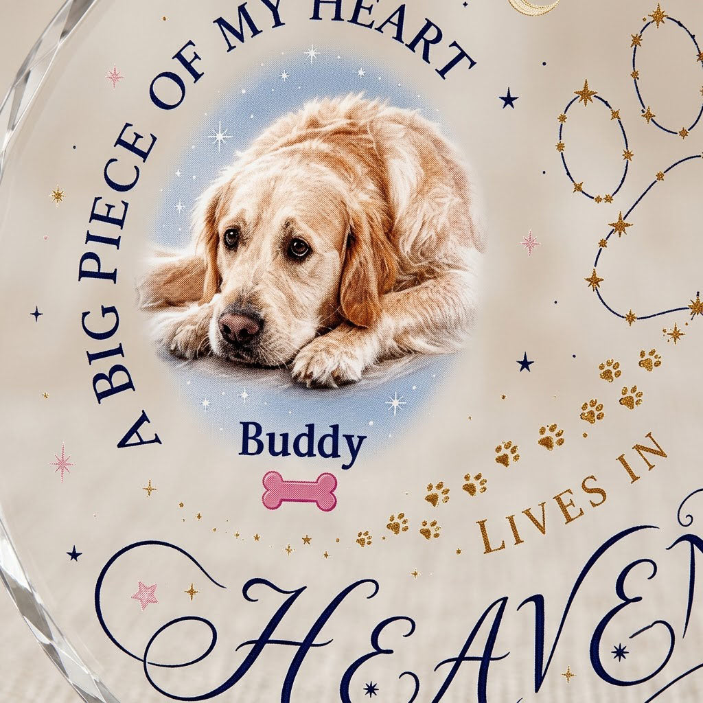 Personalized Dog Memorial Photo A Big Piece Of My Heart Lives In Heaven Round Glass Ornament