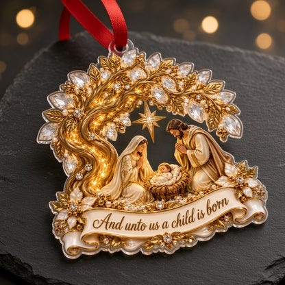 Acrylic ornament with Mary, Joseph and Baby Jesus under a radiant star, golden tree accents and a red ribbon.
