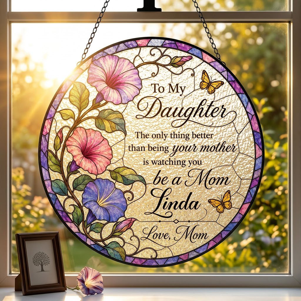 Stained glass–style round suncatcher with three morning glories, two yellow butterflies, and a purple-blue mosaic border