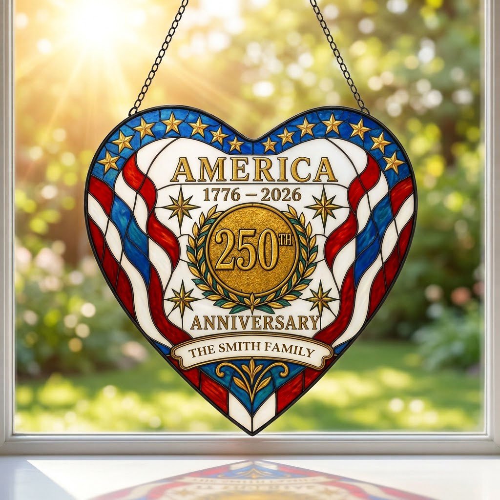 Heart suncatcher with red, white and blue stripes, gold medallion, laurel wreath, and 'America 1776–2026' text.