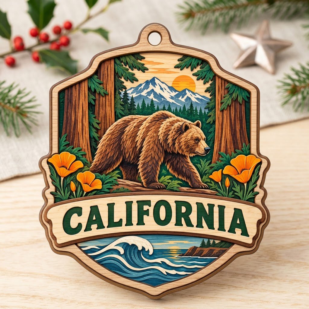 Shield-shaped wood ornament reading CALIFORNIA with bear on log, poppies, redwoods, mountains, and ocean waves.
