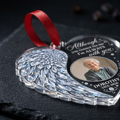 Heart-shaped clear acrylic ornament with crystal-style angel wing, round photo frame, and memorial quote