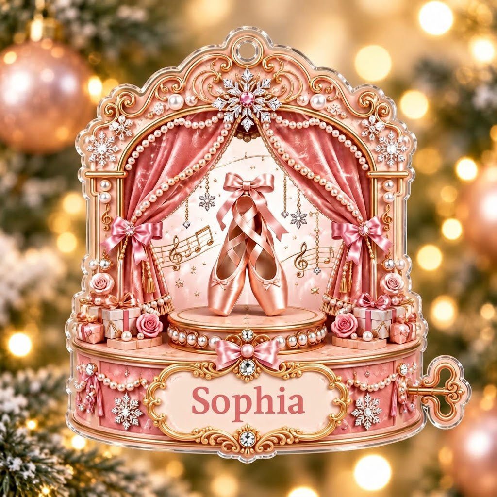 Pink ballet music box ornament with pointe shoes, velvet curtains, pearls, snowflakes, and a name plaque.