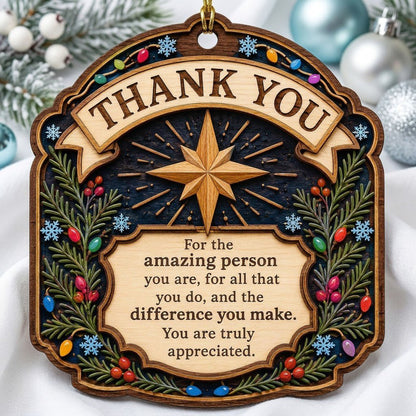 Ornate arch wood ornament with “THANK YOU” message, eight-point star, evergreens, berries, colorful lights, and snowflak