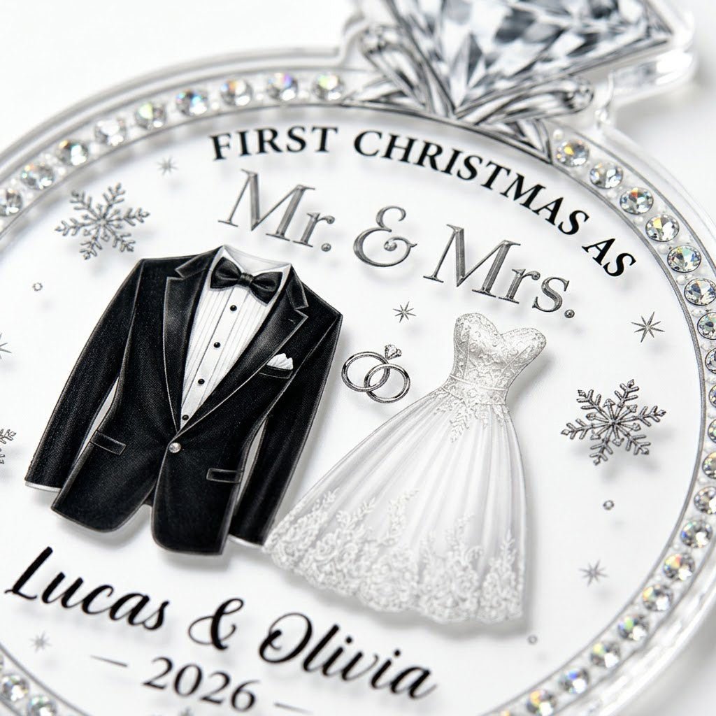 Clear acrylic diamond-ring ornament with tuxedo, lace gown, silver rings and 'First Christmas as Mr. & Mrs.' text.