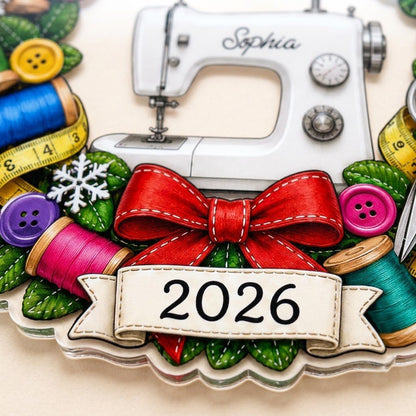 Personalized Sewing Machine Wreath Acrylic Ornament, Custom Quilter Seamstress Keepsake