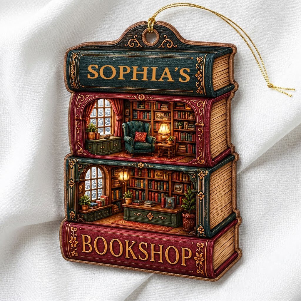 Custom-cut ornament of stacked books showing cozy bookshop rooms, BOOKSHOP text, and a personalized name.