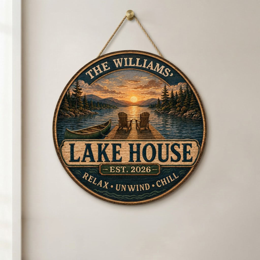Round wooden sign with lake sunset, two Adirondack chairs on a dock, green canoe, and navy border with wave motifs.
