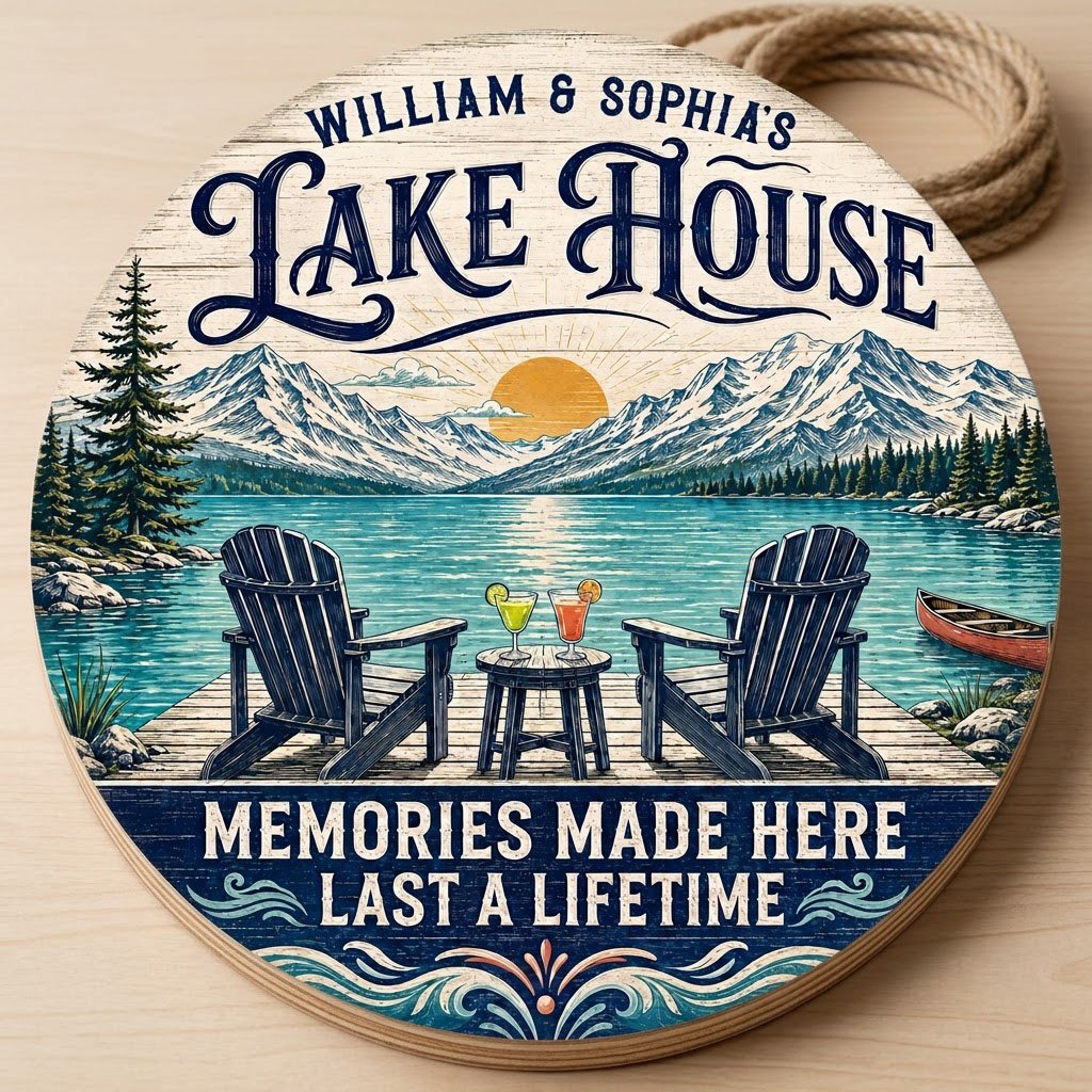 Personalized Lake House Memories Round Wooden Hanging Sign