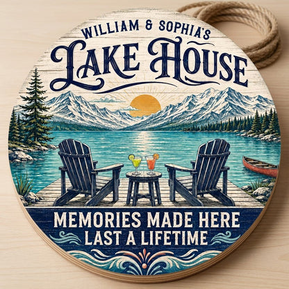 Personalized Lake House Memories Round Wooden Hanging Sign
