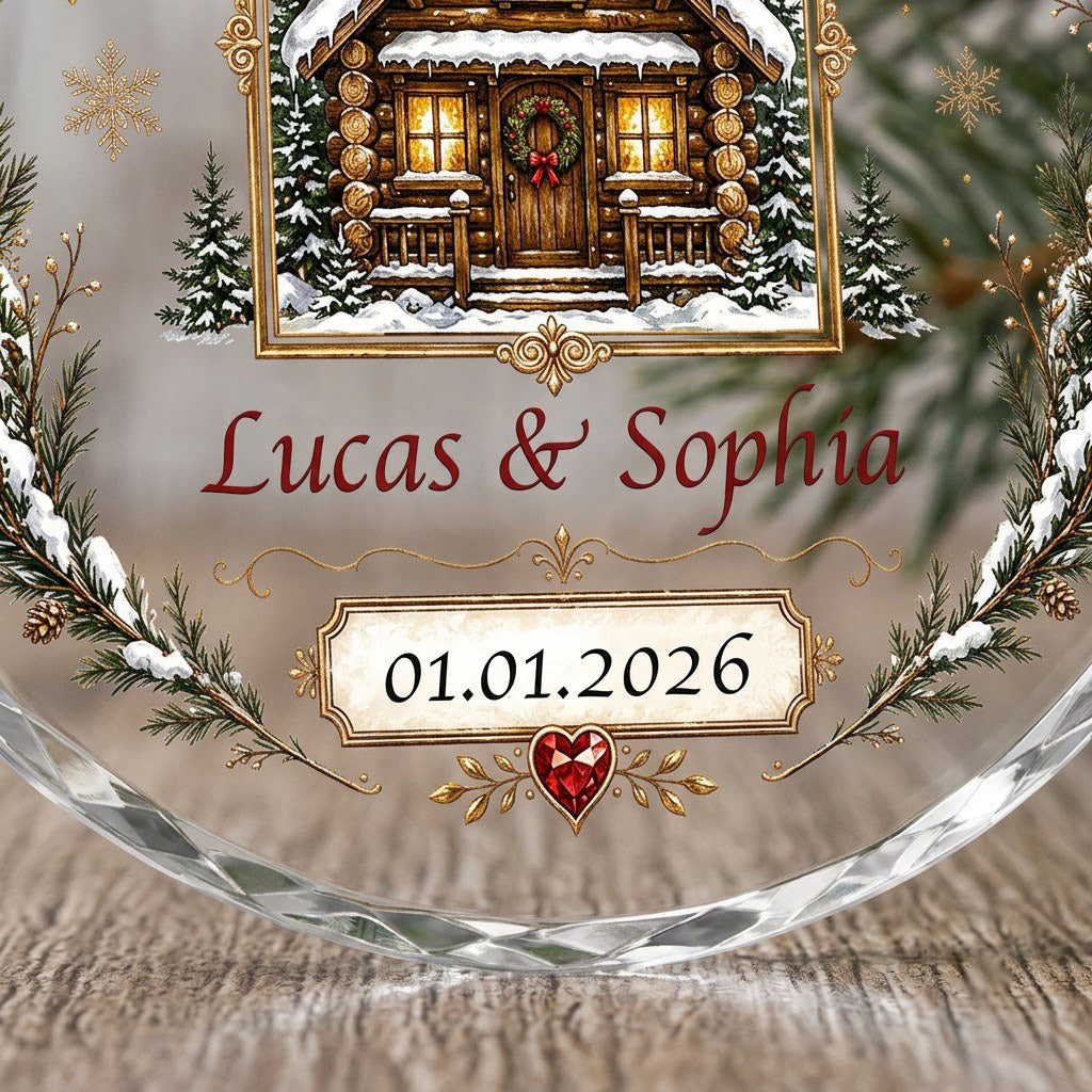 Personalized Our First Christmas as Mr & Mrs Winter Cabin Round Glass Ornament