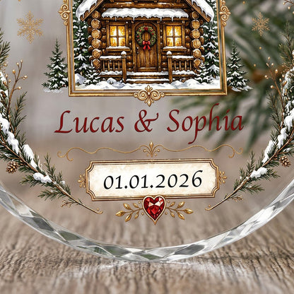 Personalized Our First Christmas as Mr & Mrs Winter Cabin Round Glass Ornament