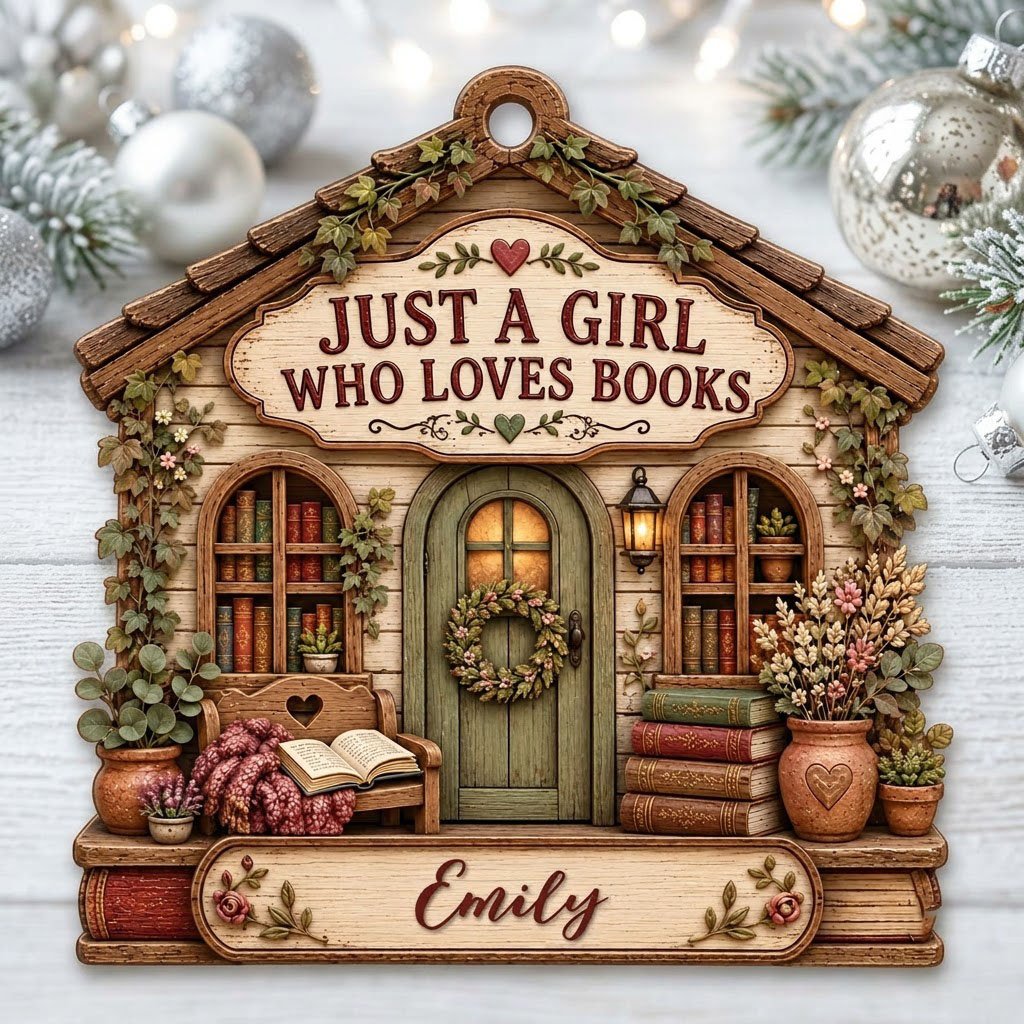 House-shaped wood ornament with 'JUST A GIRL WHO LOVES BOOKS', bookshelves, green door with wreath, and the name Emily.