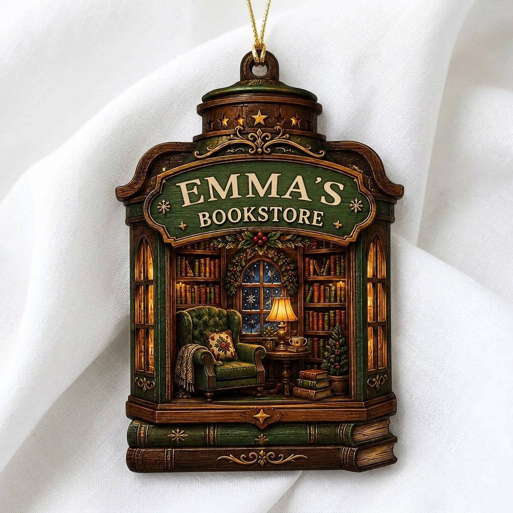 Custom-cut wood ornament like a vintage bookstore with a cozy library scene and a green BOOKSTORE sign.