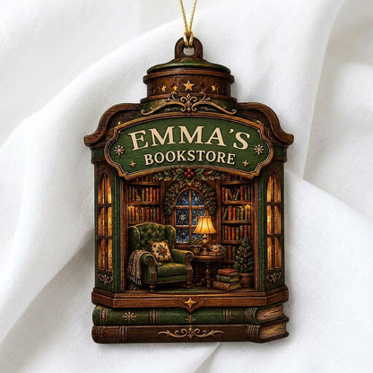 Custom-cut wood ornament like a vintage bookstore with a cozy library scene and a green BOOKSTORE sign.