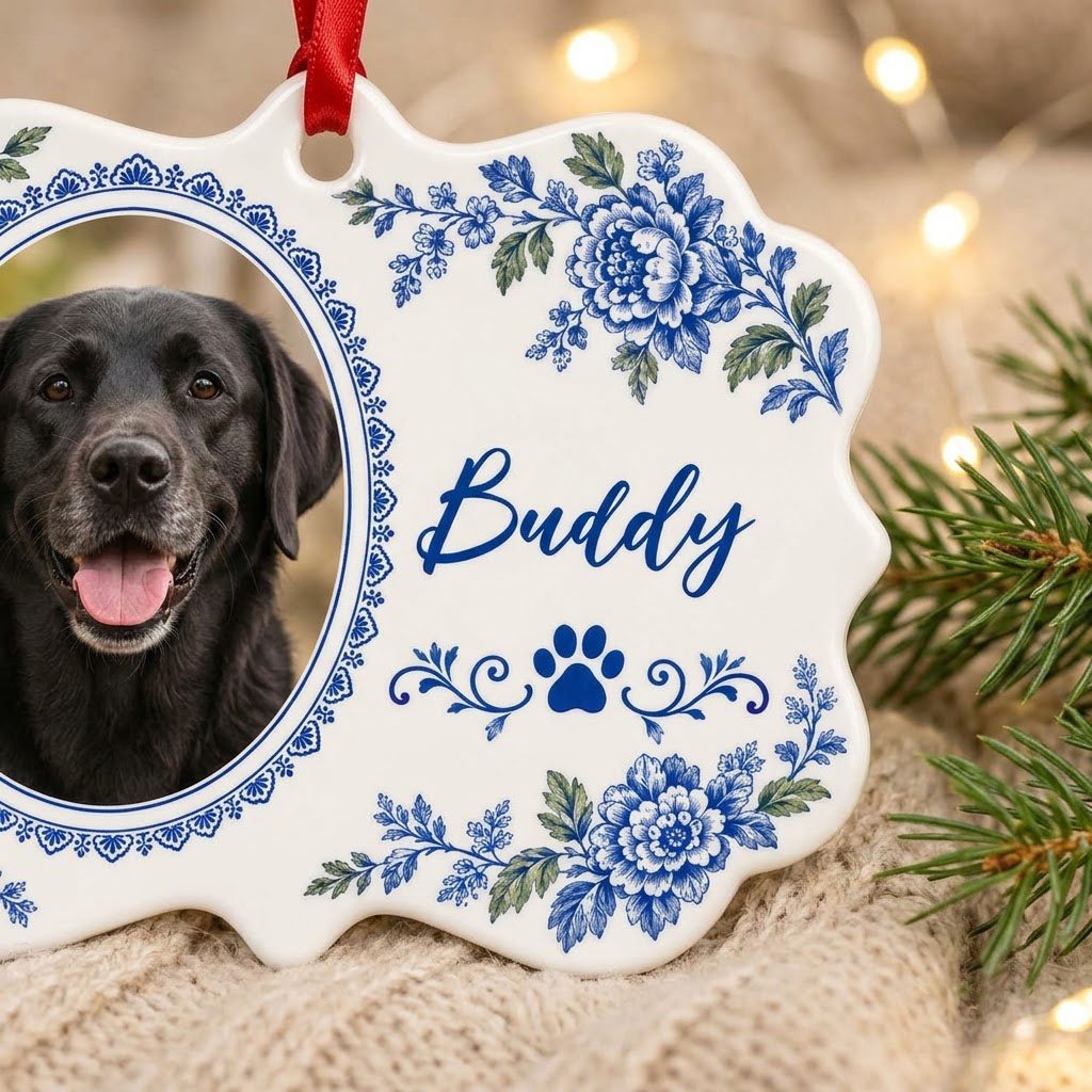 Scalloped medallion ornament with blue-green Delft floral border, dog photo left, blue paw print and name Buddy