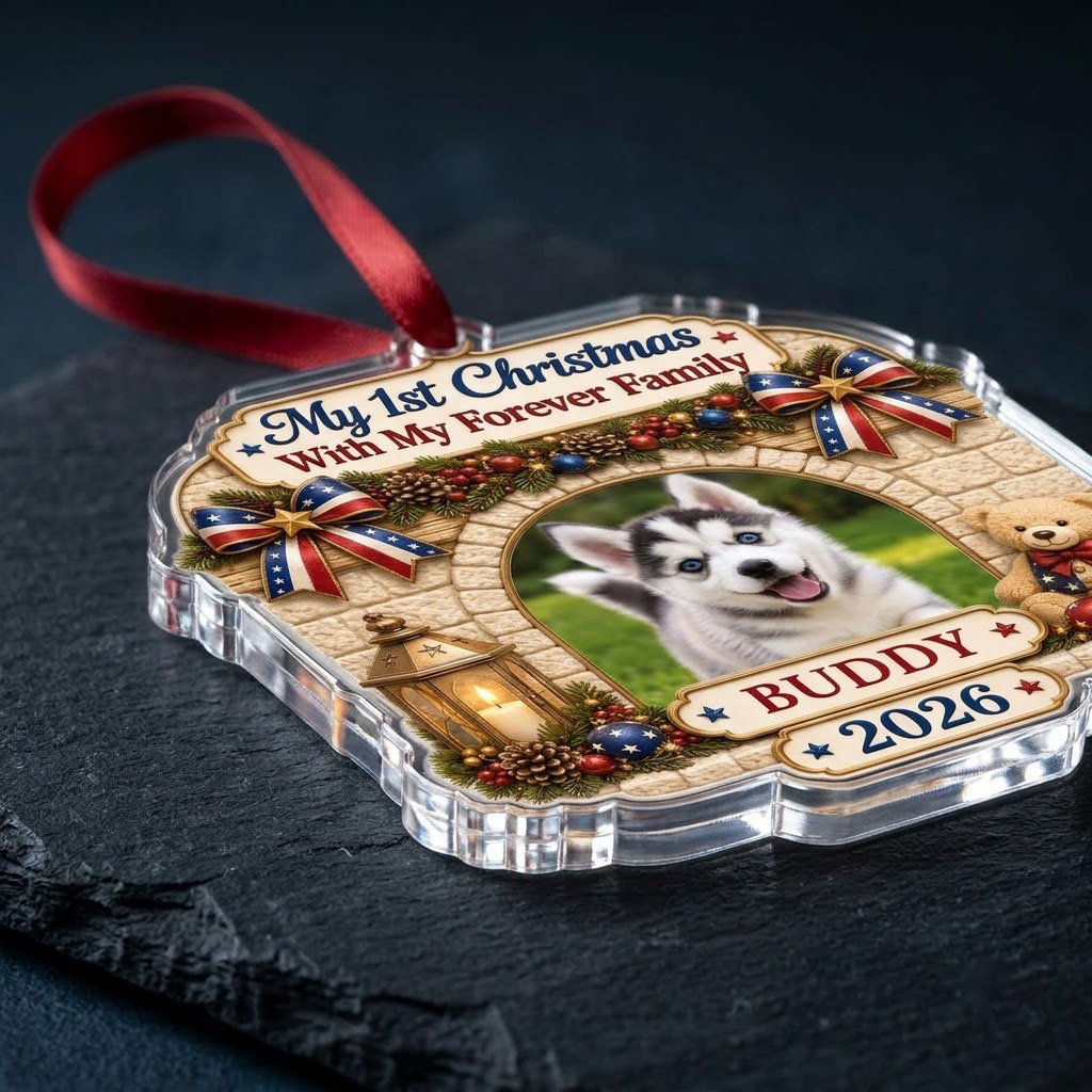 Arched acrylic ornament with stone arch, pine garland, patriotic bows, lantern, teddy bear, and a photo slot.