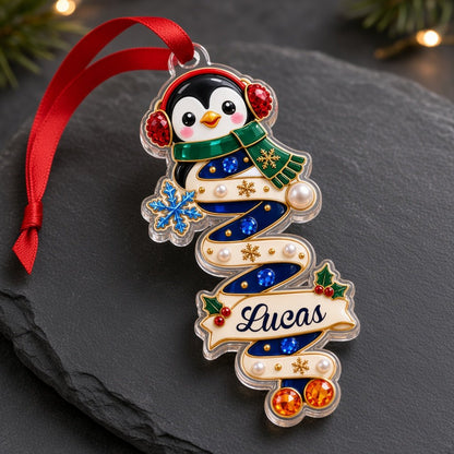 Custom-cut acrylic ornaments with gingerbread and Santa, spiral ribbons, and a holly-framed name banner.