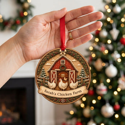 Personalized Round Red Barn Chicken Coop Wood Ornament, Custom Farmhouse Keepsake