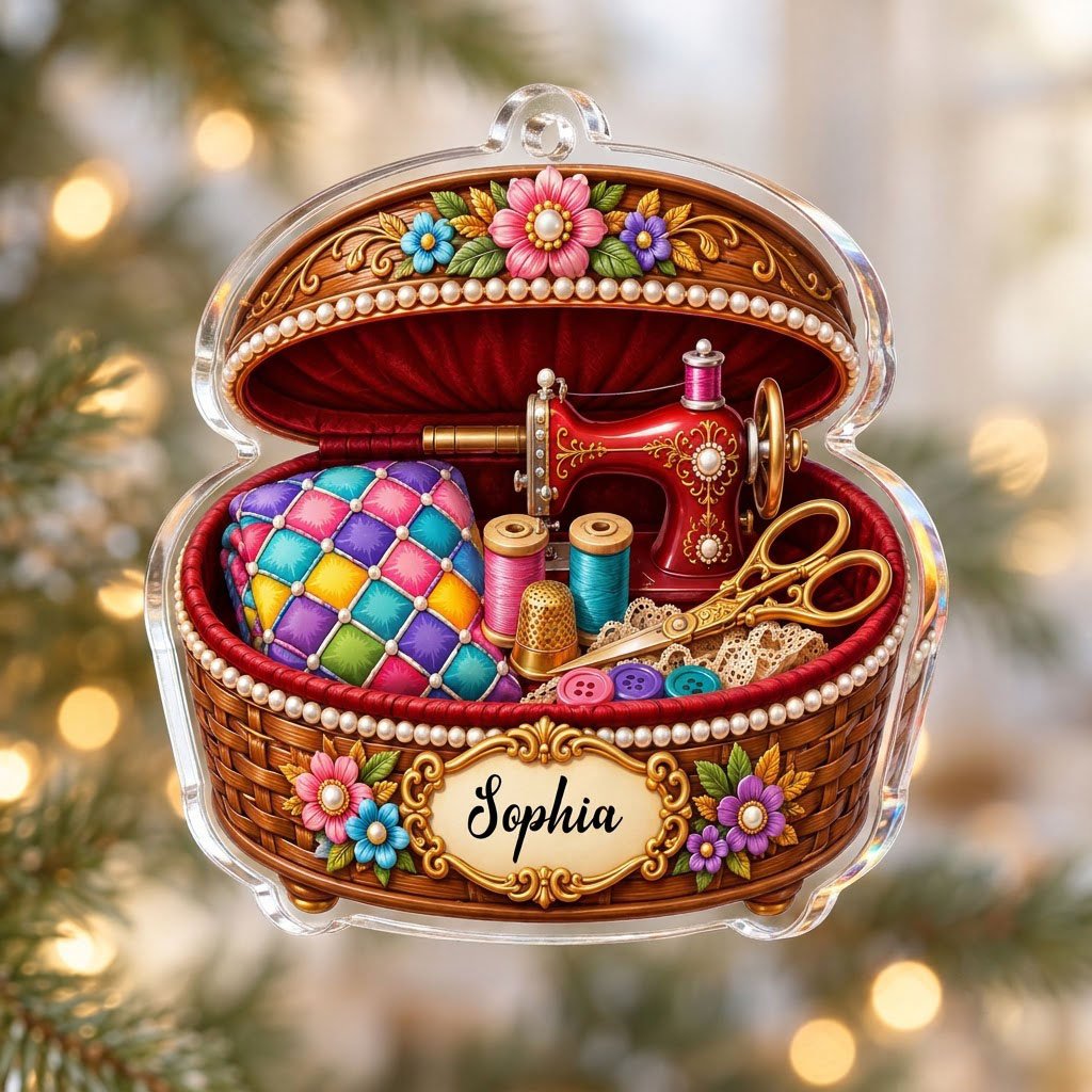 Custom-cut acrylic ornament of a brown sewing basket with a red vintage sewing machine and floral accents