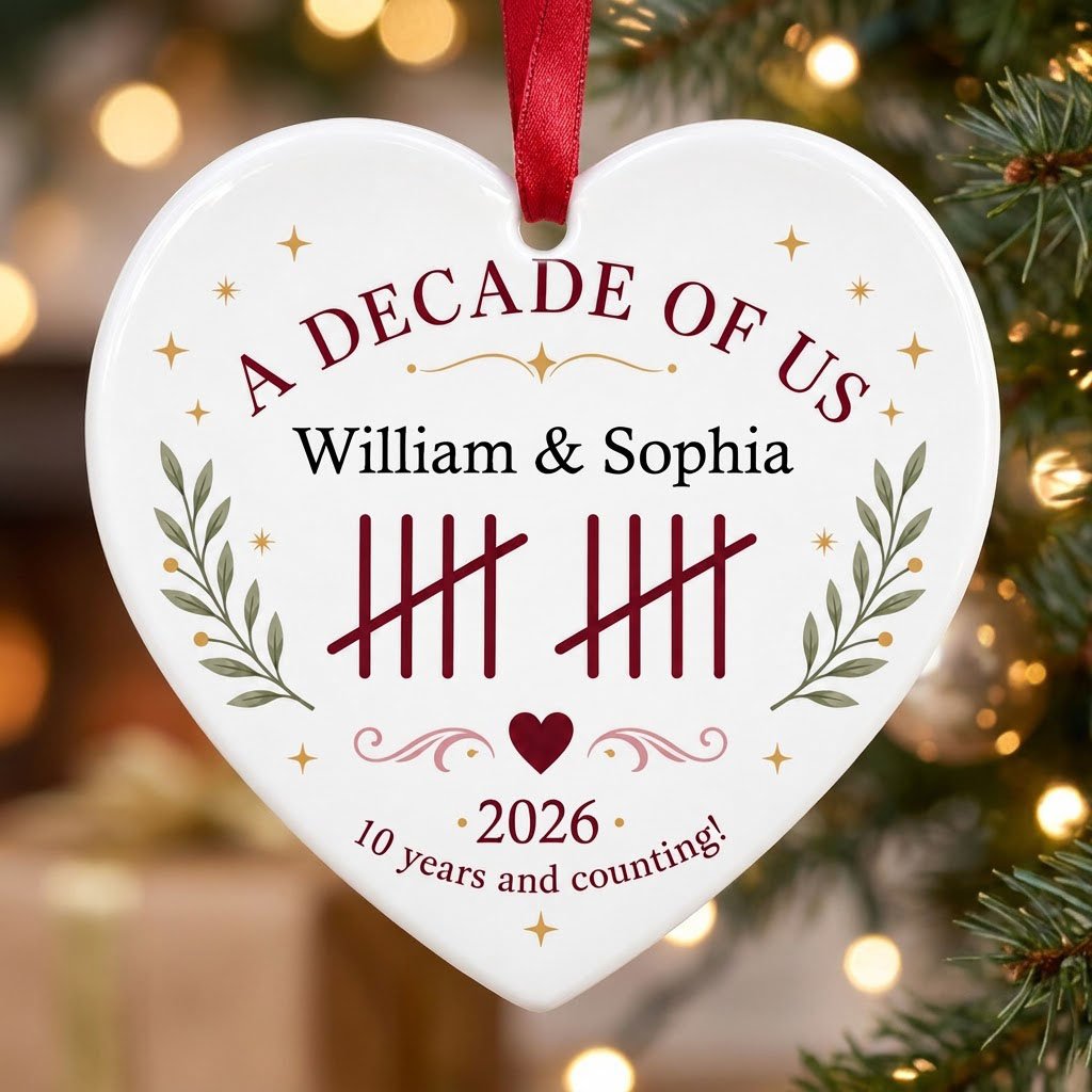 Heart ceramic ornament with 'A Decade of Us', • 2026 •, tally marks, green branches, gold stars, and couple names.