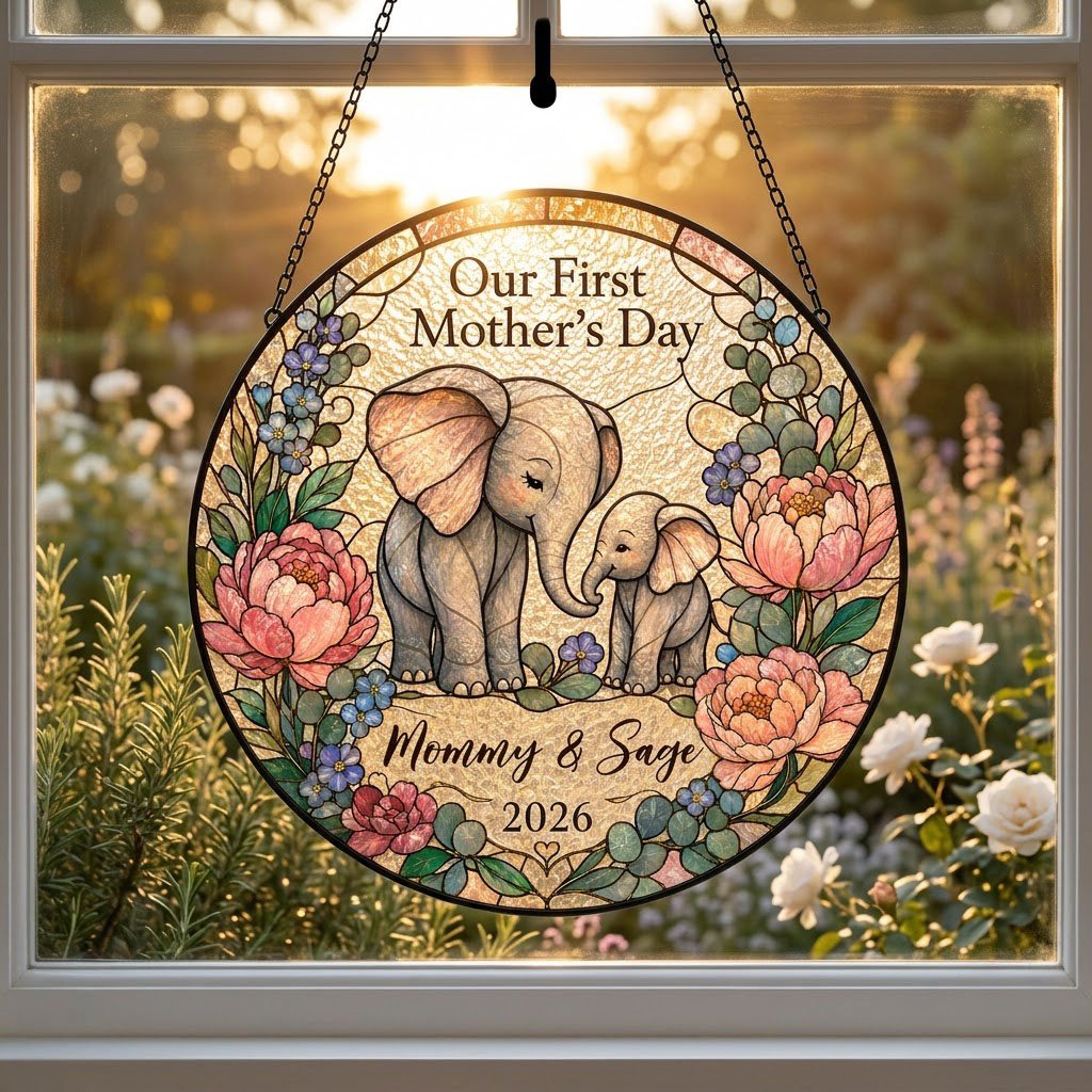 Round stained-glass suncatcher of mother and baby elephants touching trunks amid pink peonies and blue flowers.