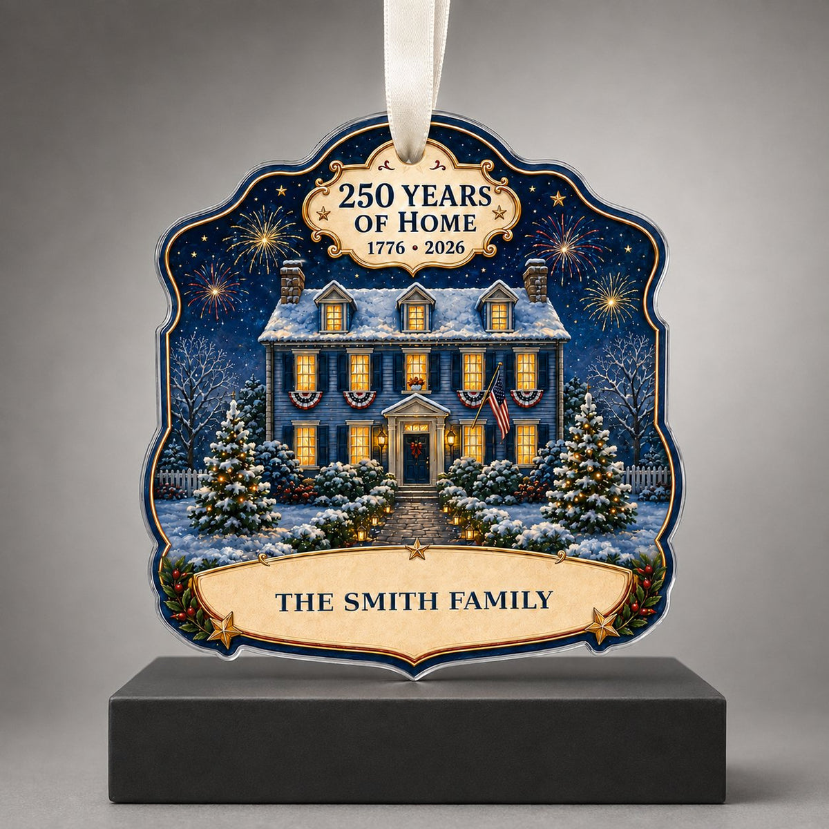 Personalized America 250th Colonial House Acrylic Ornament, Custom Patriotic Holiday Keepsake