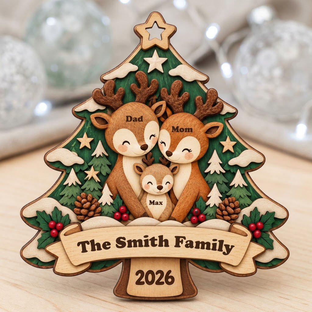 Tree-shaped wood ornament with a deer family, star topper, holly, pinecones, and personalized names and year.
