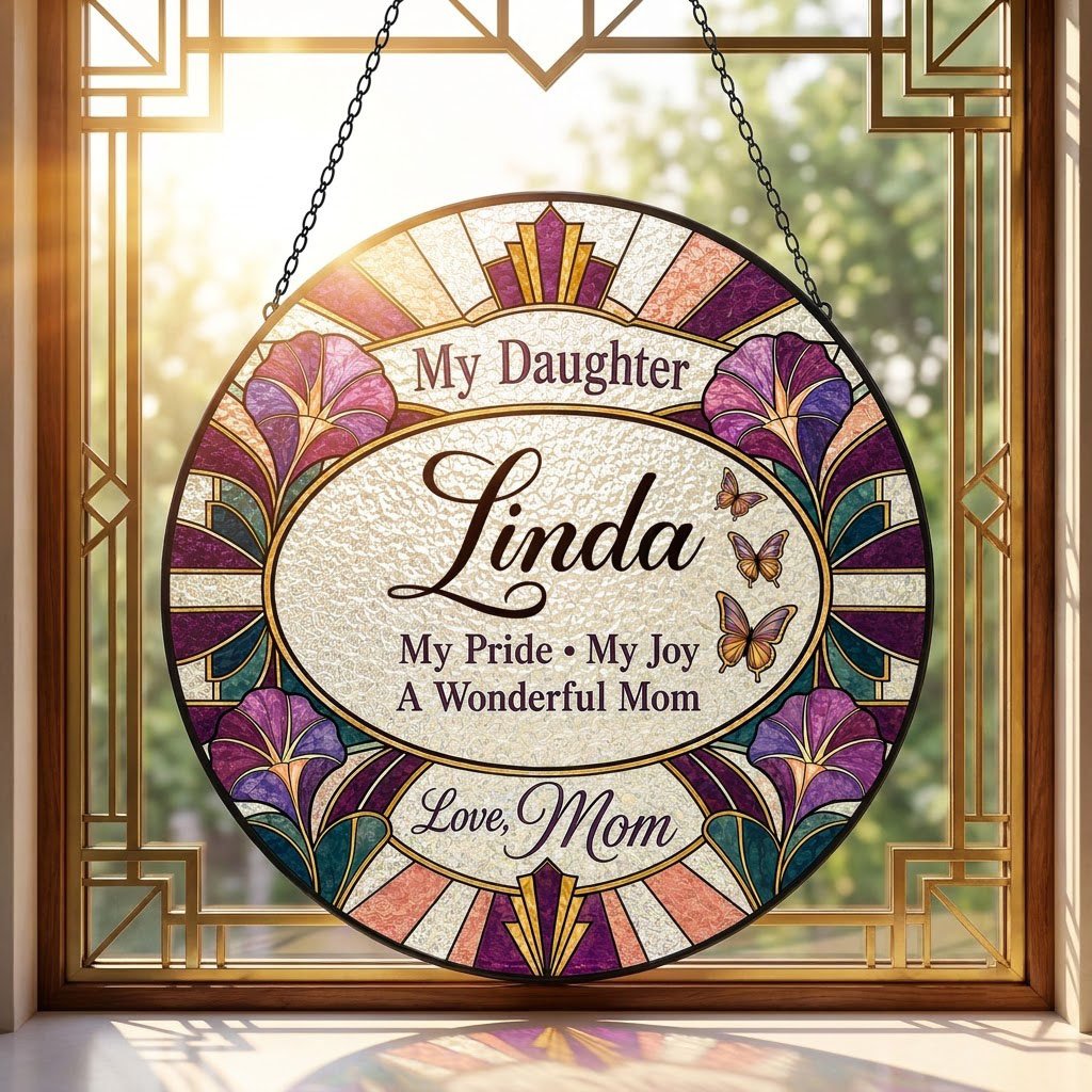 Round stained-glass style suncatcher with purple flowers, butterflies, and 'My Daughter' text.