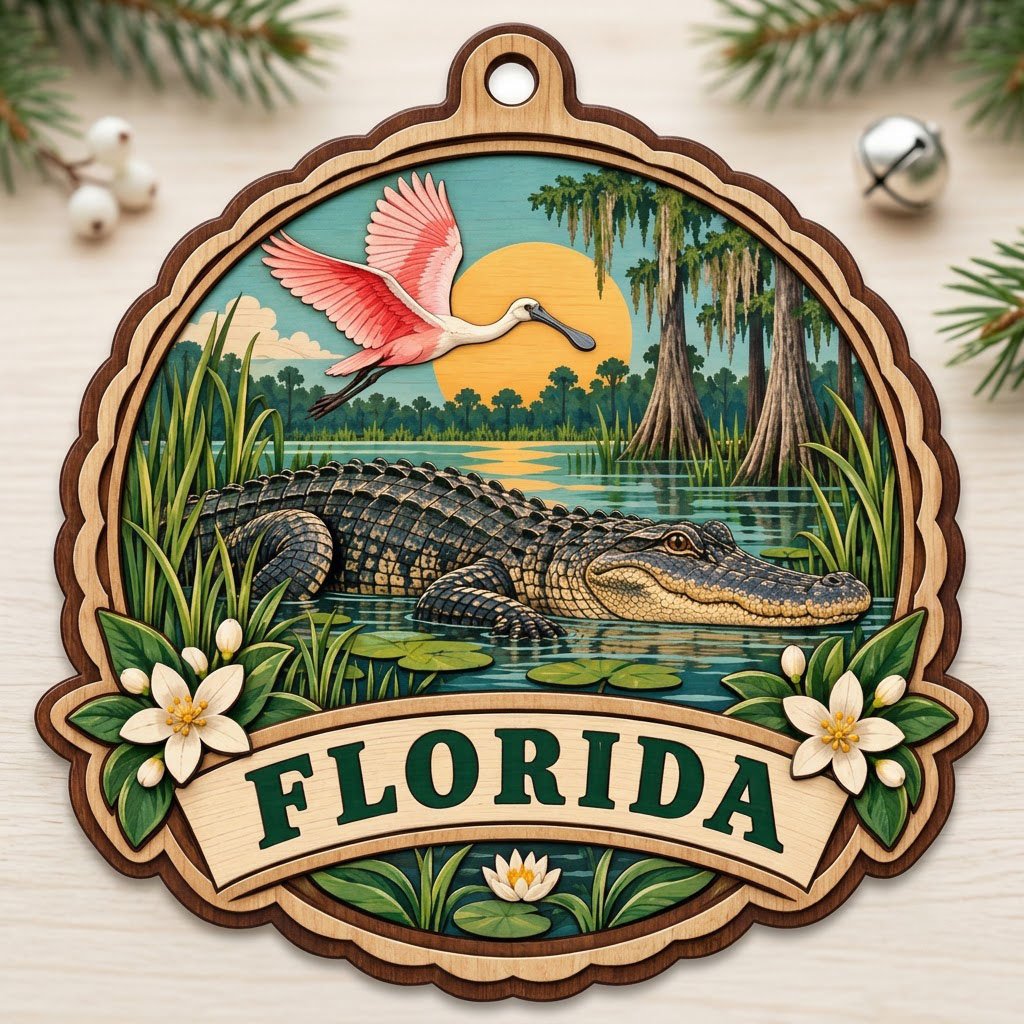 Scalloped wood ornament with alligator, pink spoonbill, sun, cypress trees, and 'FLORIDA' on a bottom banner.
