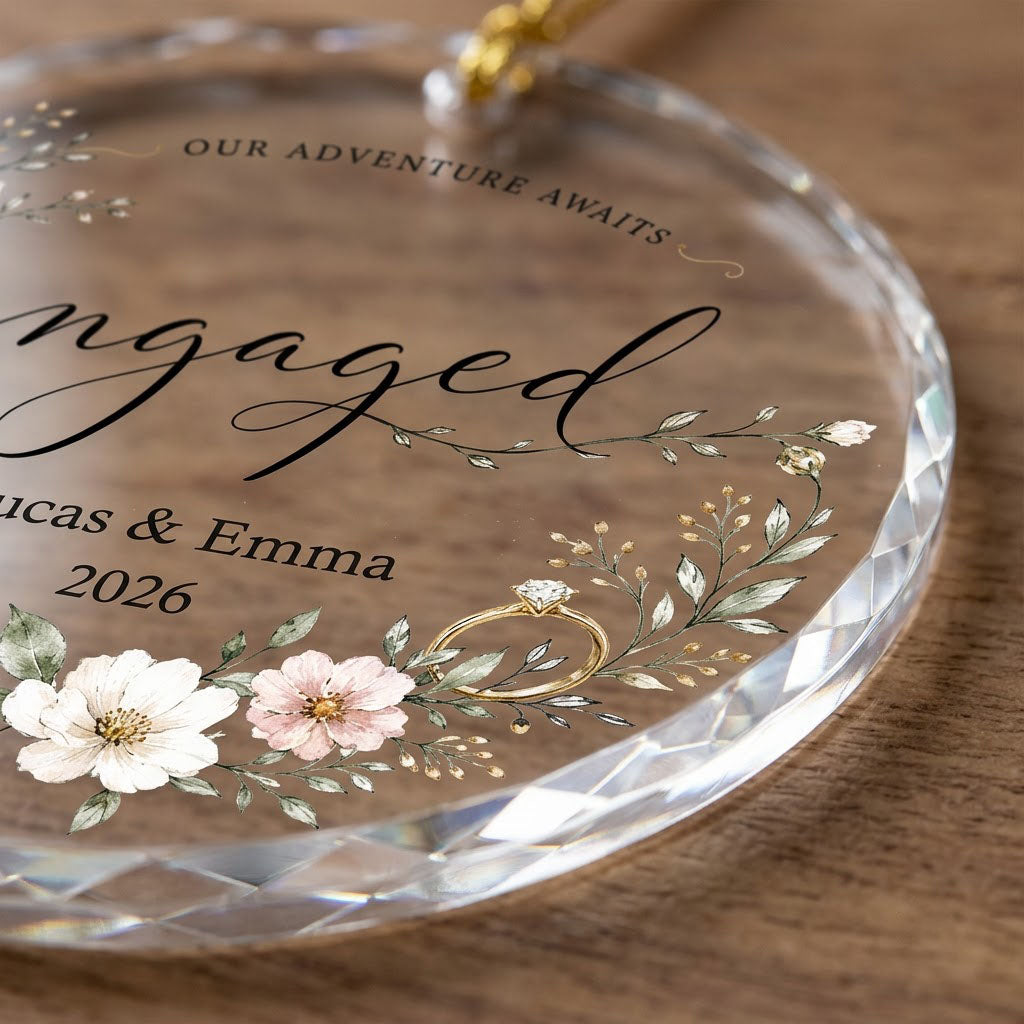 Personalized Our Adventure Awaits Floral Wreath Engaged Round Glass Ornament