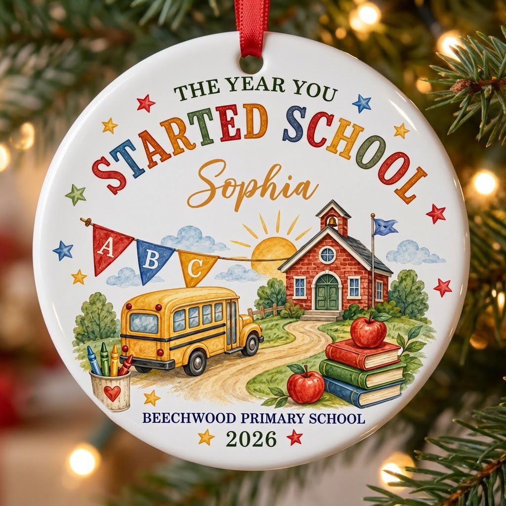 Round ceramic ornament with watercolor school bus, red brick schoolhouse, ABC bunting, books, apples, and colorful stars