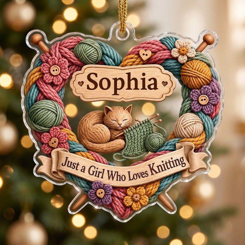 Heart-shaped acrylic ornament with yarn wreath, knitting needles, brown cat and "Just a Girl Who Loves Knitting" text.