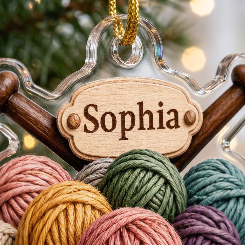 Acrylic ornament shaped around a yarn basket, cat and needles with 'Just a Girl Who Loves Knitting' and a name banner.