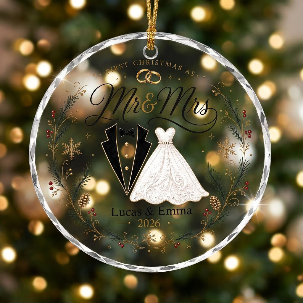 Personalized First Christmas as Mr & Mrs Tuxedo Gown Round Glass Ornament