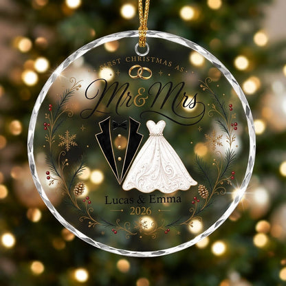Personalized First Christmas as Mr & Mrs Tuxedo Gown Round Glass Ornament