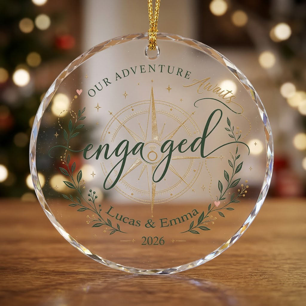 Personalized Our Adventure Awaits Engaged Compass Round Glass Ornament