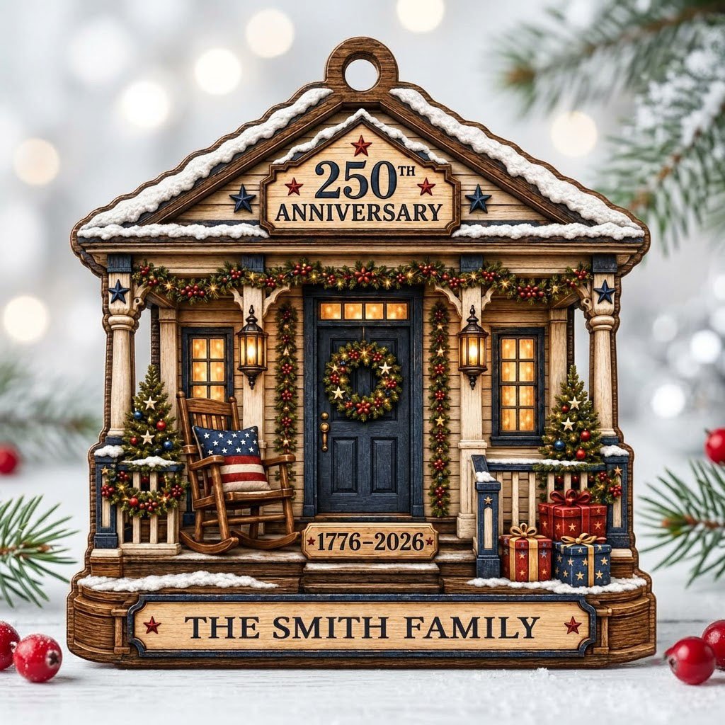 House-shaped ornament with patriotic porch, blue door, wreath, and '250TH ANNIVERSARY 1776-2026' text